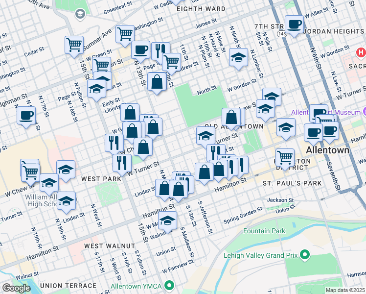 map of restaurants, bars, coffee shops, grocery stores, and more near 1235 West Turner Street in Allentown