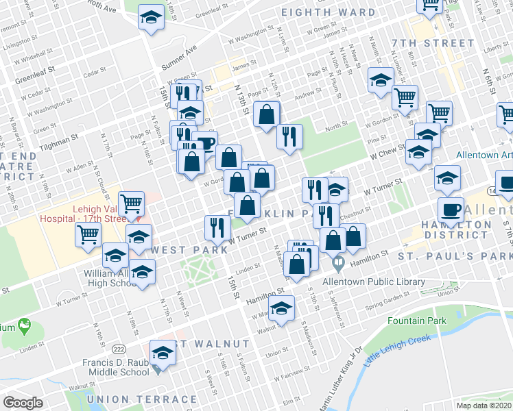 map of restaurants, bars, coffee shops, grocery stores, and more near 227 North 14th Street in Allentown