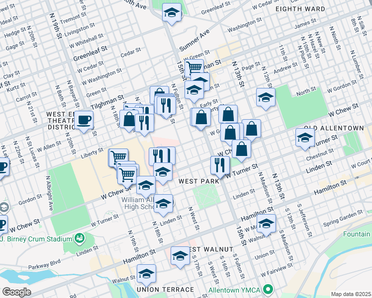 map of restaurants, bars, coffee shops, grocery stores, and more near 317 North 16th Street in Allentown