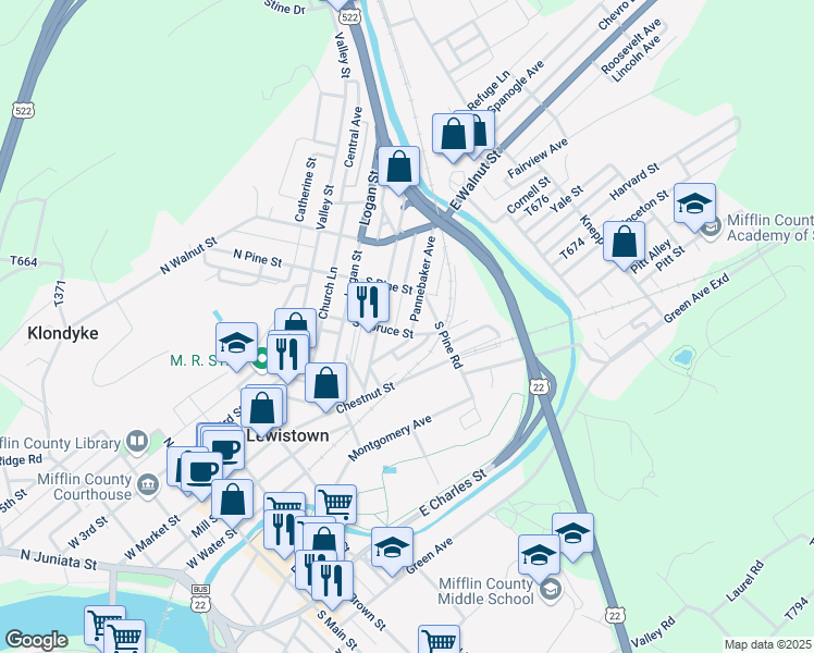 map of restaurants, bars, coffee shops, grocery stores, and more near 22 Park Place in Lewistown