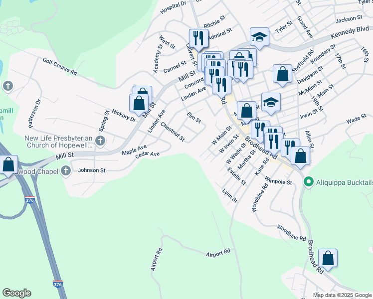 map of restaurants, bars, coffee shops, grocery stores, and more near 155 Chestnut Street in Aliquippa