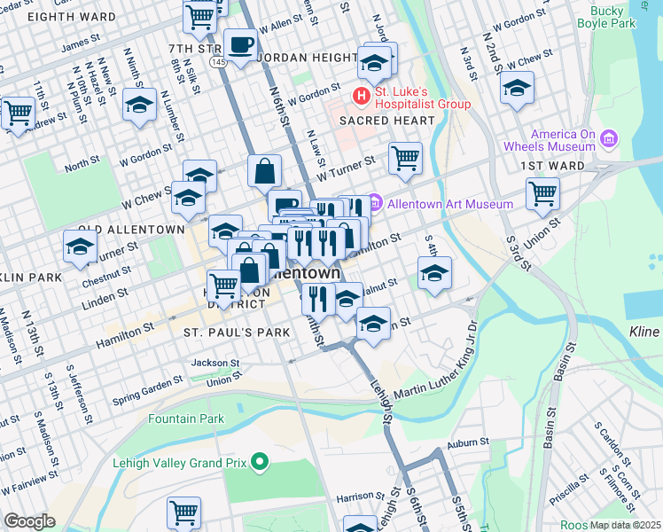 map of restaurants, bars, coffee shops, grocery stores, and more near 20 South 6th Street in Allentown