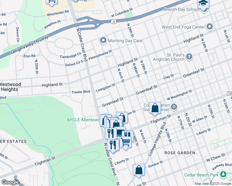 map of restaurants, bars, coffee shops, grocery stores, and more near 924 North 30th Street in Allentown