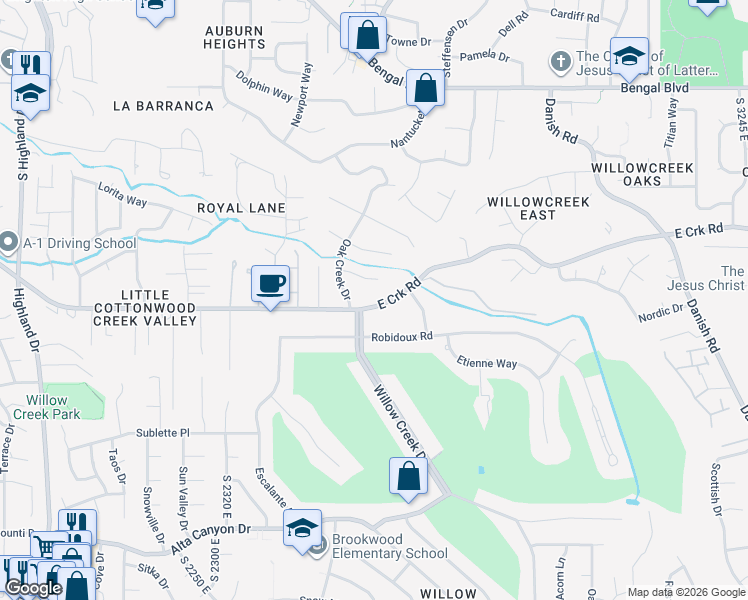 map of restaurants, bars, coffee shops, grocery stores, and more near 2591 East Creek Road in Cottonwood Heights