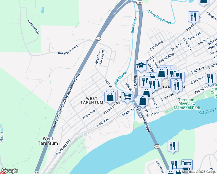 map of restaurants, bars, coffee shops, grocery stores, and more near 118 Sefts Avenue in Tarentum