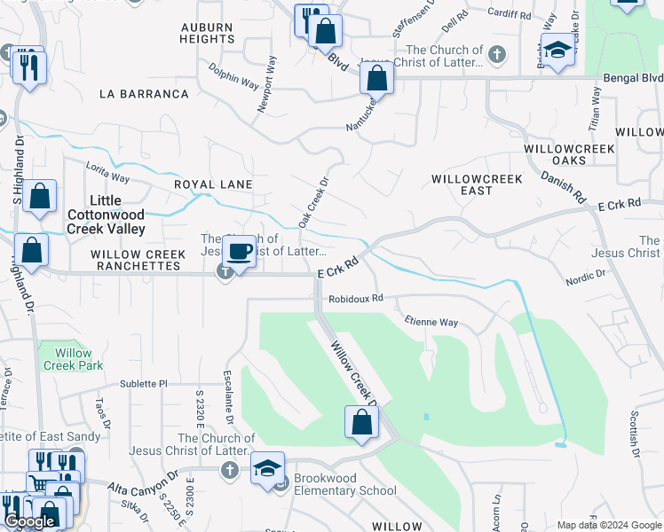map of restaurants, bars, coffee shops, grocery stores, and more near 2591 East Creek Road in Cottonwood Heights