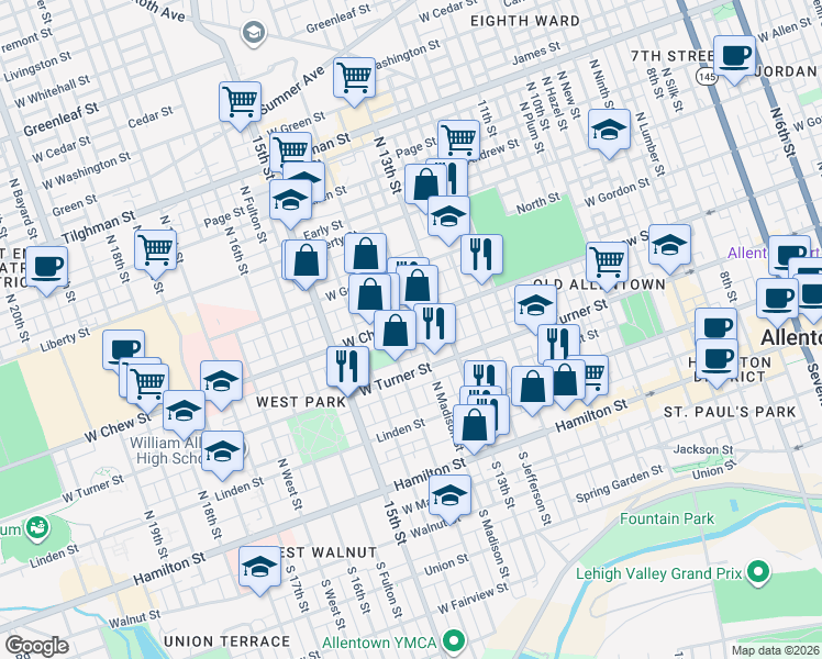 map of restaurants, bars, coffee shops, grocery stores, and more near in Allentown