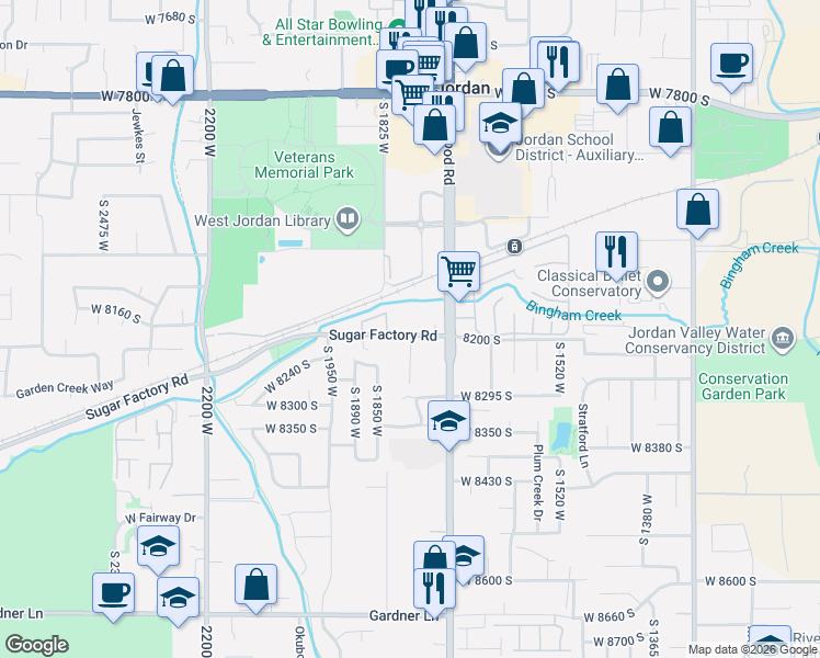 map of restaurants, bars, coffee shops, grocery stores, and more near 8210 South 1750 West in West Jordan