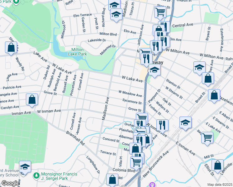 map of restaurants, bars, coffee shops, grocery stores, and more near 497 Sycamore Street in Rahway