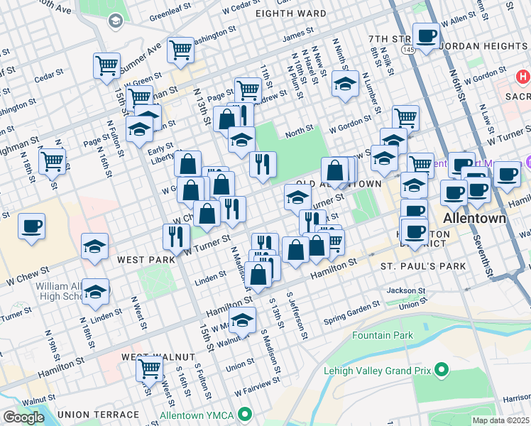 map of restaurants, bars, coffee shops, grocery stores, and more near 1235 West Turner Street in Allentown