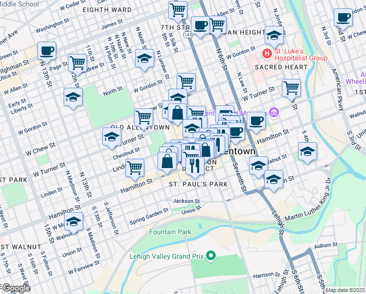 map of restaurants, bars, coffee shops, grocery stores, and more near 43 North 9th Street in Allentown