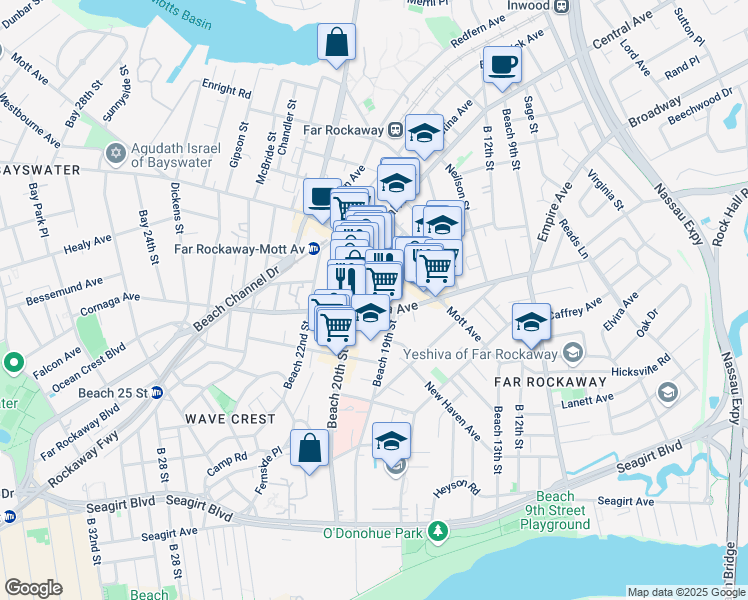 map of restaurants, bars, coffee shops, grocery stores, and more near 1909 Cornaga Avenue in Queens