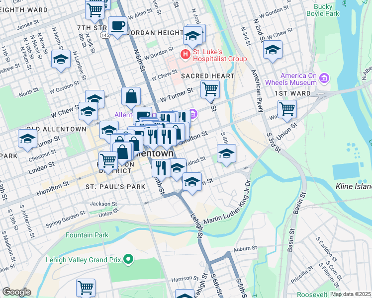 map of restaurants, bars, coffee shops, grocery stores, and more near 515 Walnut Street in Allentown