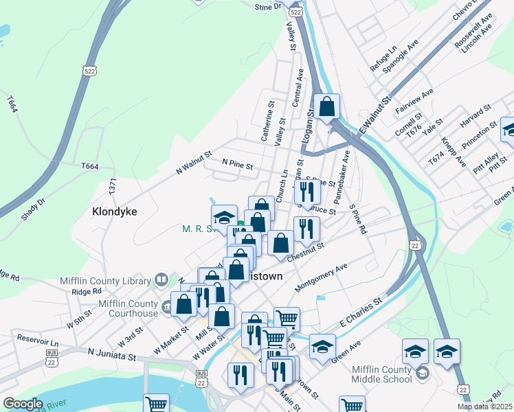 map of restaurants, bars, coffee shops, grocery stores, and more near 149 Valley Street in Lewistown
