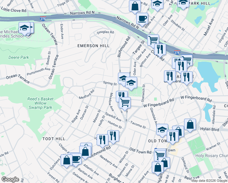 map of restaurants, bars, coffee shops, grocery stores, and more near 131 Rome Avenue in Staten Island