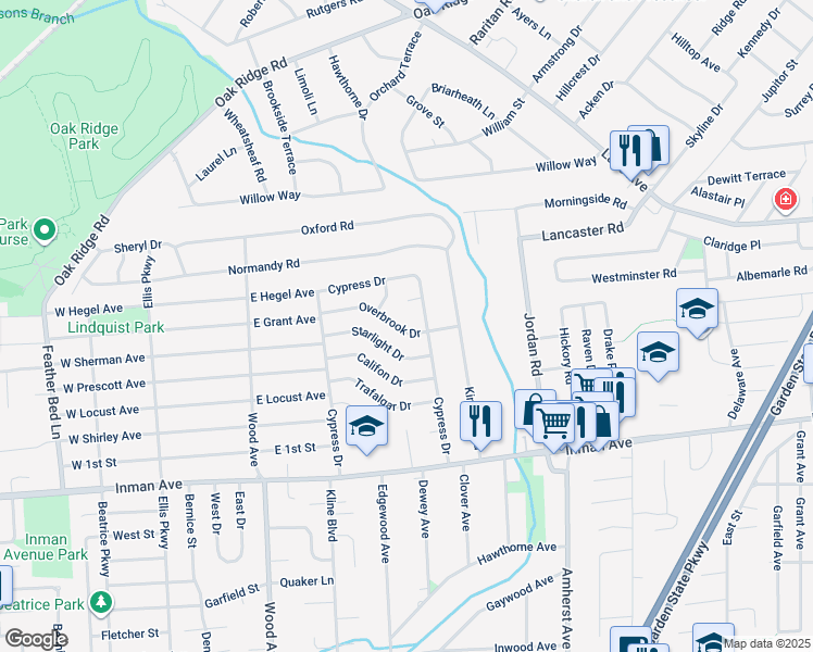 map of restaurants, bars, coffee shops, grocery stores, and more near 18 Overbrook Drive in Woodbridge Township