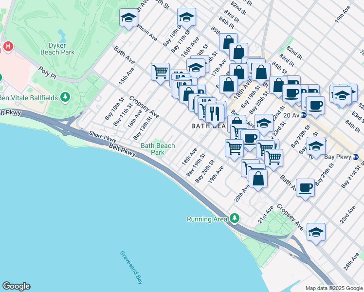 map of restaurants, bars, coffee shops, grocery stores, and more near 8872 18th Avenue in Brooklyn