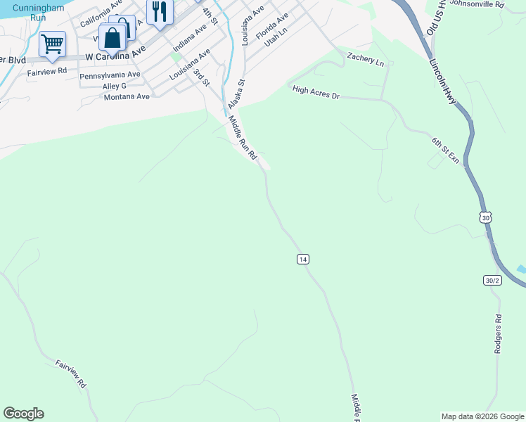 map of restaurants, bars, coffee shops, grocery stores, and more near 2538 Middle Run Road in Chester