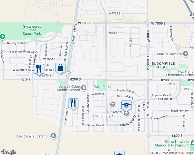 map of restaurants, bars, coffee shops, grocery stores, and more near West 8160 South in West Jordan