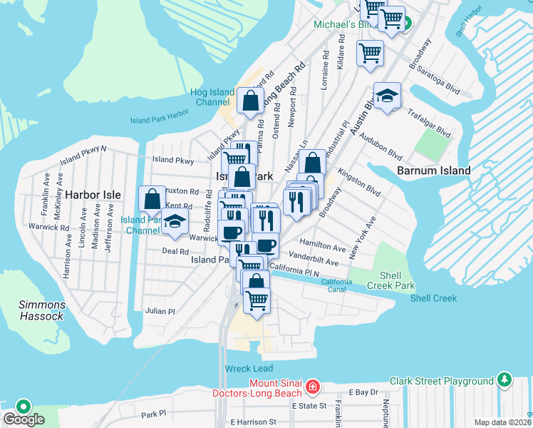 map of restaurants, bars, coffee shops, grocery stores, and more near 41 Nassau Lane in Island Park