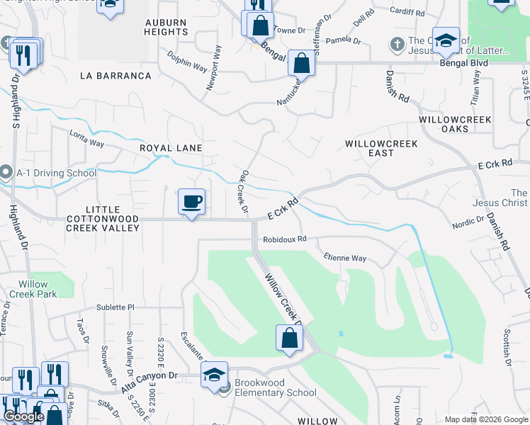 map of restaurants, bars, coffee shops, grocery stores, and more near 2591 East Creek Road in Sandy