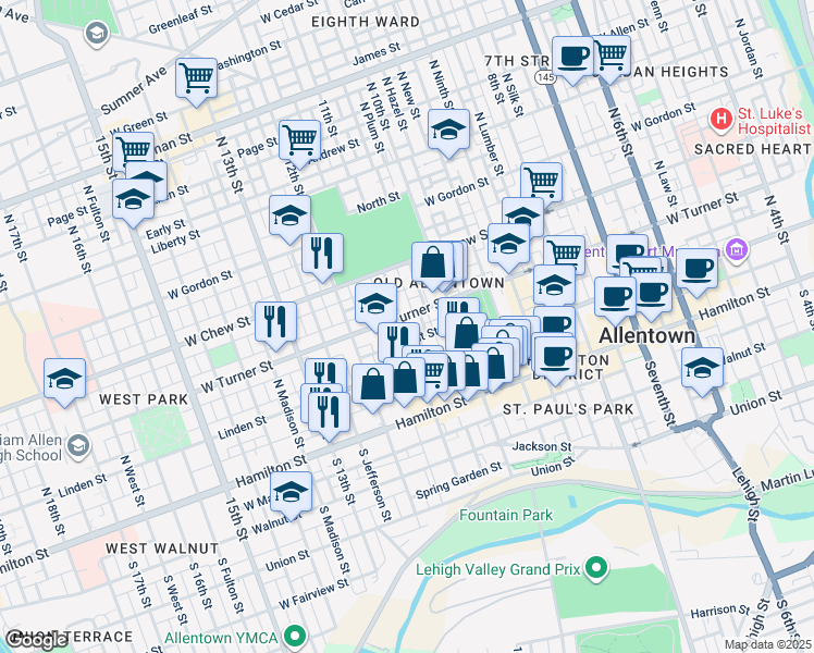 map of restaurants, bars, coffee shops, grocery stores, and more near 139 North 11th Street in Allentown