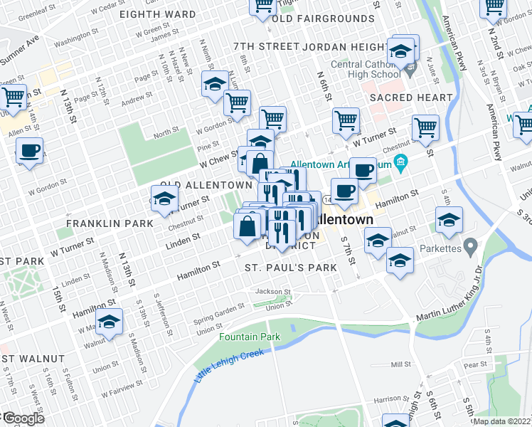 map of restaurants, bars, coffee shops, grocery stores, and more near 45 North 9th Street in Allentown
