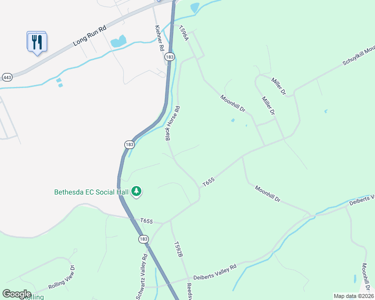 map of restaurants, bars, coffee shops, grocery stores, and more near Black Acre Lane in Schuylkill Haven