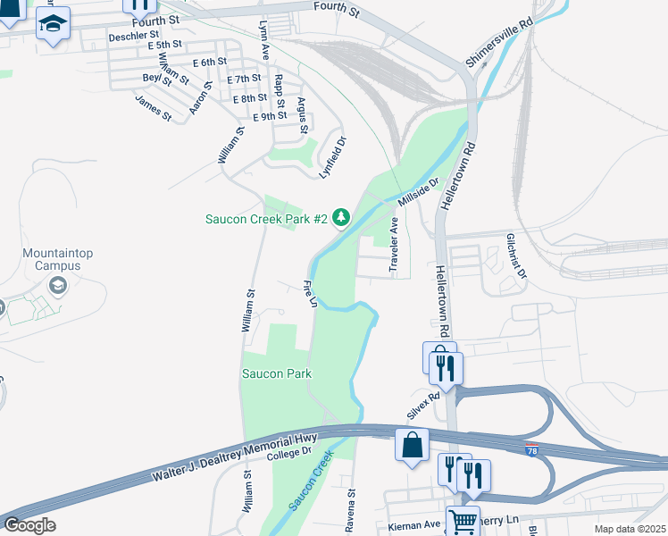 map of restaurants, bars, coffee shops, grocery stores, and more near 880 Fire Lane in Bethlehem