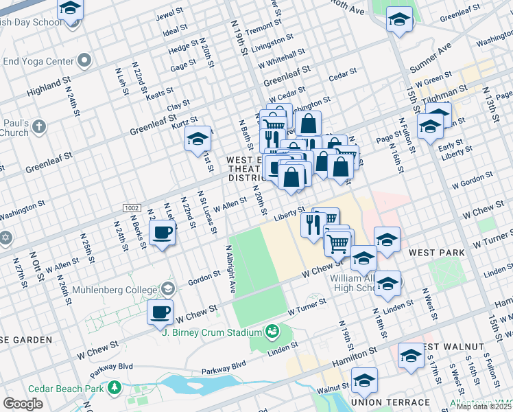 map of restaurants, bars, coffee shops, grocery stores, and more near 2011 Liberty Street in Allentown