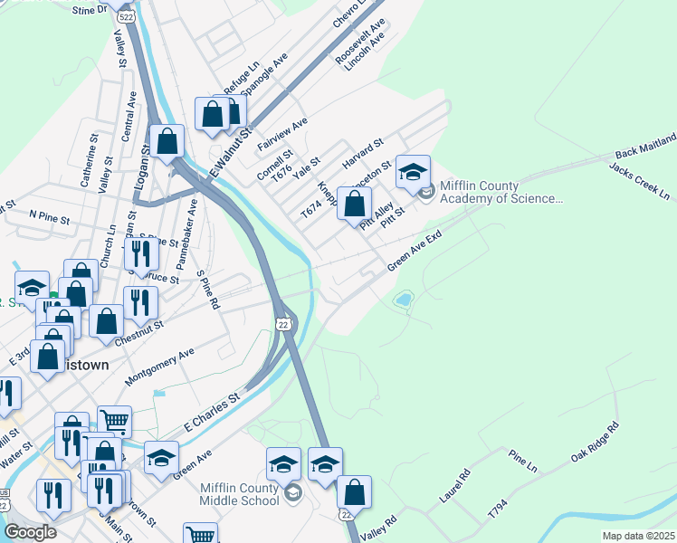 map of restaurants, bars, coffee shops, grocery stores, and more near Green Avenue in Lewistown