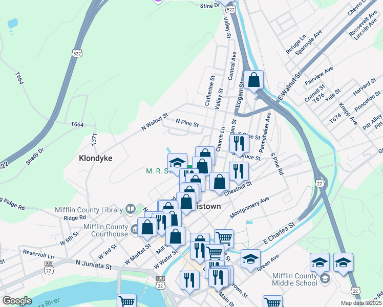 map of restaurants, bars, coffee shops, grocery stores, and more near 257 East 4th Street in Lewistown