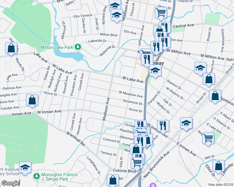 map of restaurants, bars, coffee shops, grocery stores, and more near 544 West Meadow Avenue in Rahway
