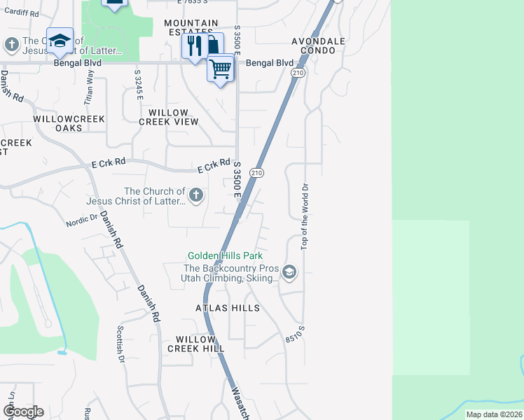 map of restaurants, bars, coffee shops, grocery stores, and more near 8208 Wasatch Grove Lane in Cottonwood Heights