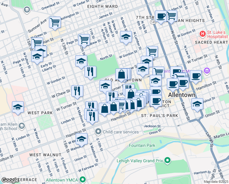 map of restaurants, bars, coffee shops, grocery stores, and more near 139 North 11th Street in Allentown