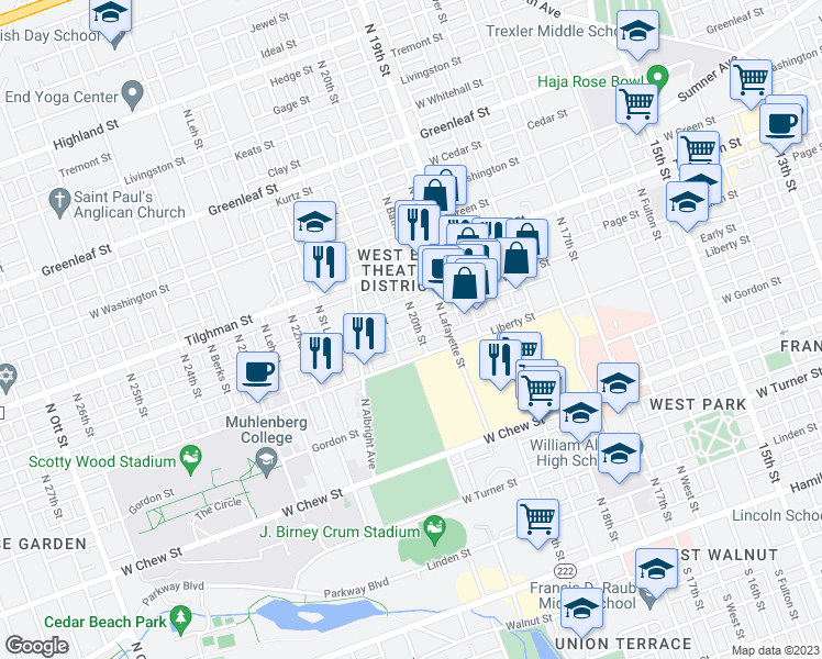 map of restaurants, bars, coffee shops, grocery stores, and more near 524 North 20th Street in Allentown