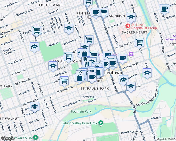 map of restaurants, bars, coffee shops, grocery stores, and more near 25 North Ninth Street in Allentown