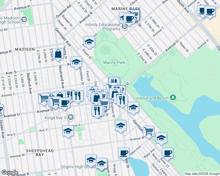 map of restaurants, bars, coffee shops, grocery stores, and more near 3103 Avenue U in Brooklyn