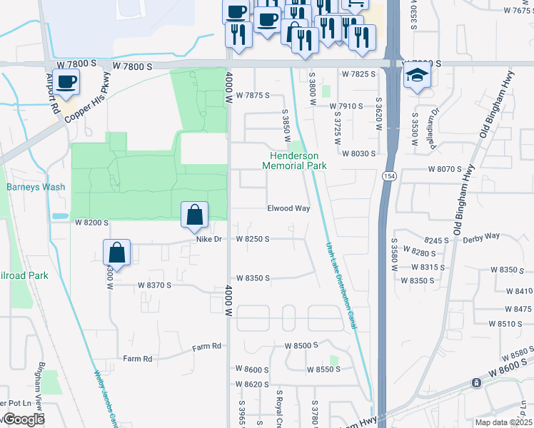 map of restaurants, bars, coffee shops, grocery stores, and more near 3902 West 8250 South in West Jordan