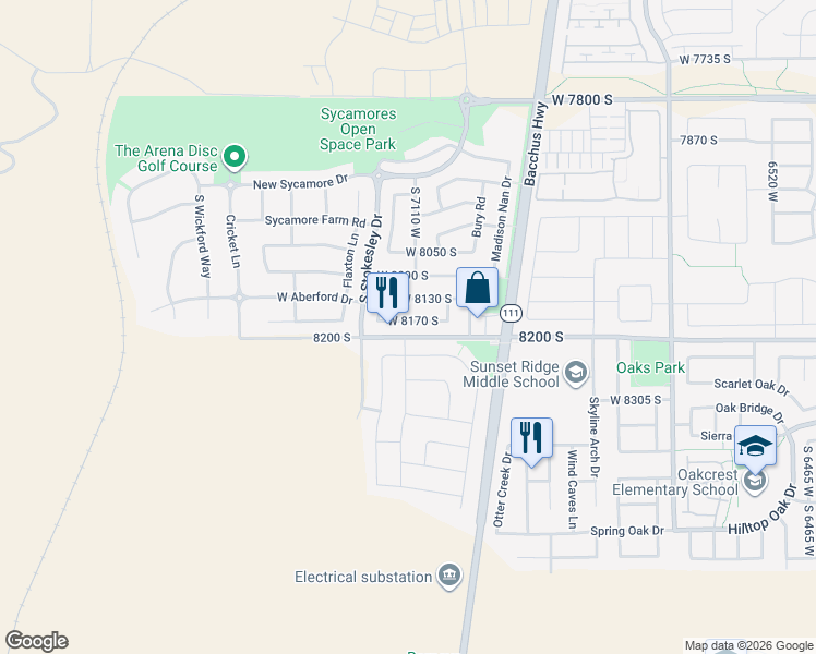 map of restaurants, bars, coffee shops, grocery stores, and more near 7114 West Jayson Bend Drive in West Jordan
