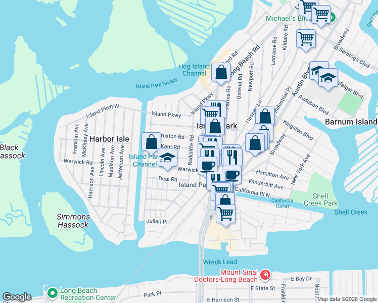 map of restaurants, bars, coffee shops, grocery stores, and more near 131 Radcliffe Road in Island Park
