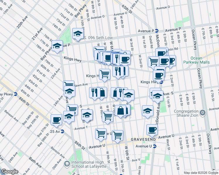 map of restaurants, bars, coffee shops, grocery stores, and more near 1856 West 7th Street in Brooklyn