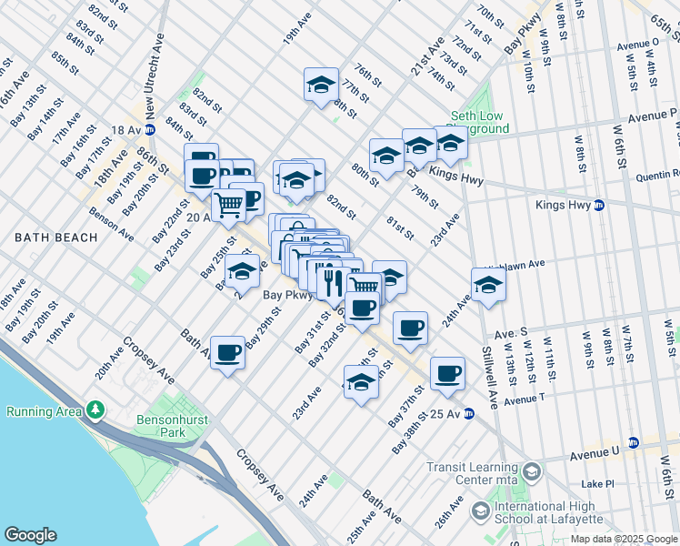 map of restaurants, bars, coffee shops, grocery stores, and more near 2180a 86th Street in Brooklyn
