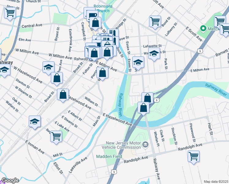 map of restaurants, bars, coffee shops, grocery stores, and more near 1181 Main Street in Rahway