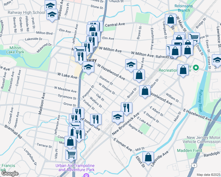map of restaurants, bars, coffee shops, grocery stores, and more near 175 West Lake Avenue in Rahway