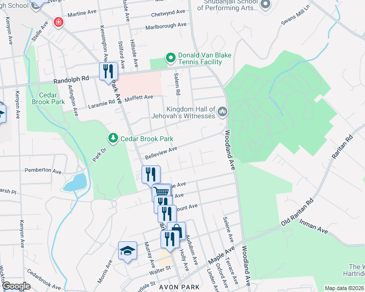 map of restaurants, bars, coffee shops, grocery stores, and more near 1360 Belleview Avenue in Plainfield