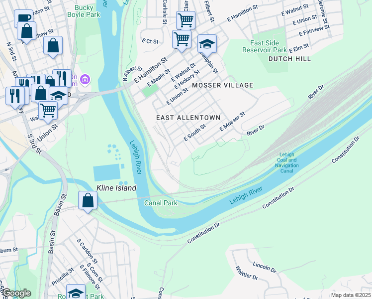 map of restaurants, bars, coffee shops, grocery stores, and more near 526 South Aubrey Street in Allentown