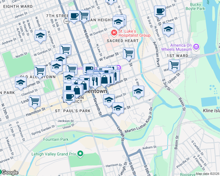 map of restaurants, bars, coffee shops, grocery stores, and more near in Allentown