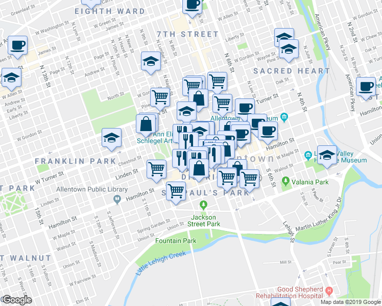 map of restaurants, bars, coffee shops, grocery stores, and more near 25 North Ninth Street in Allentown