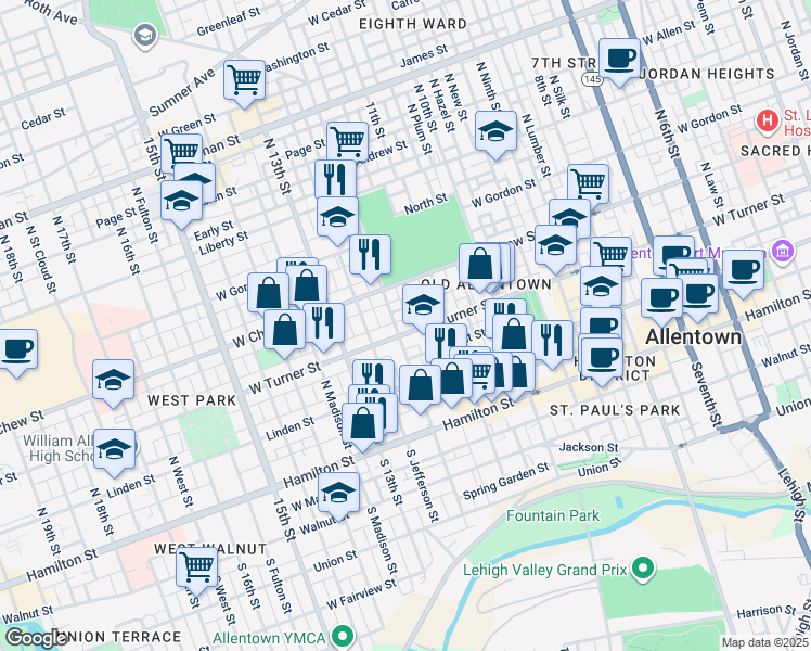 map of restaurants, bars, coffee shops, grocery stores, and more near 148 North 12th Street in Allentown